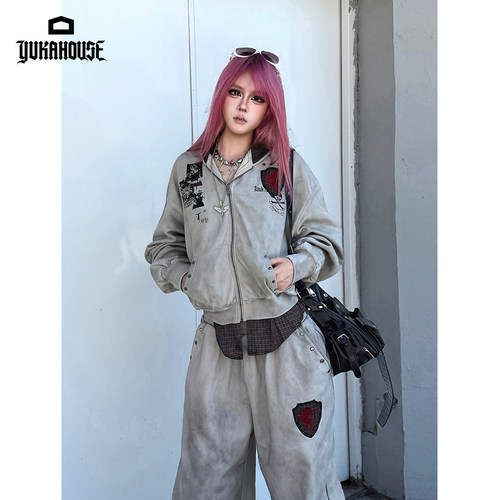 YUKAHOUSE美式轻复古连帽卫衣女