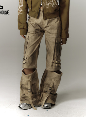 YUKAHOUSE 美式复古水洗做旧工装阔腿裤美拉德辣妹长裤男女春新款