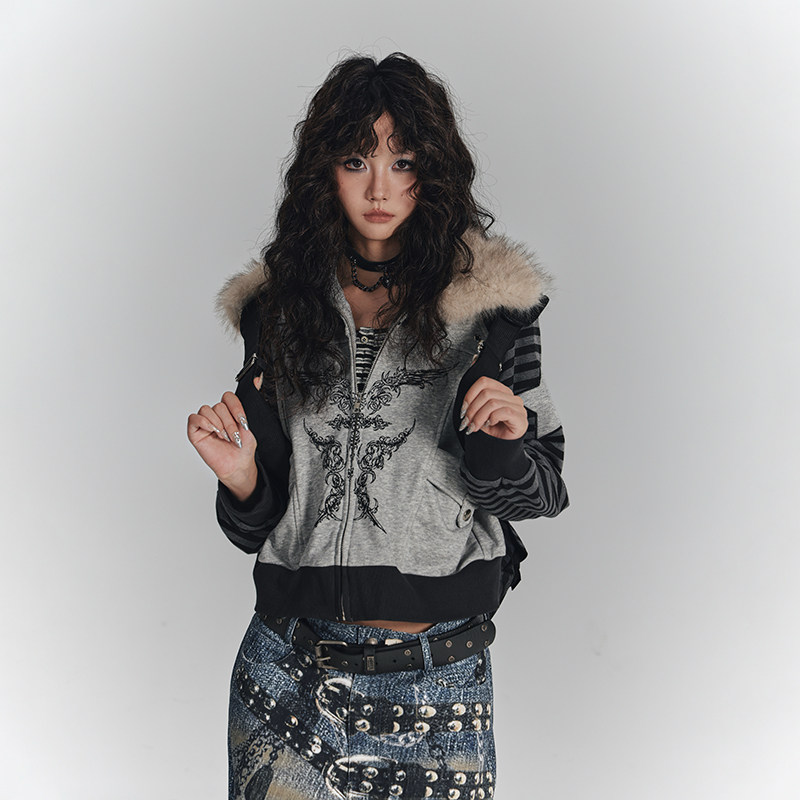 YUKAHOUSE原创亚比Y2K毛领开衫卫衣女酷宽松街头上衣拼接外套秋冬,女装/女士精品,短外套,淘宝优惠券,粉丝福利购,淘宝优惠卷