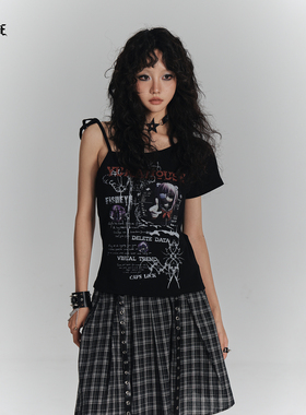 YUKAHOUSE原创设计美式复古朋克轻亚风印花短袖绑带T恤显瘦上衣女