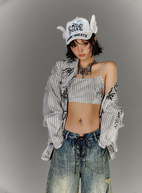 YUKAHOUSE 原创做旧涂鸦宽松长袖衬衫小众设计感吊带廓形条纹衬衣