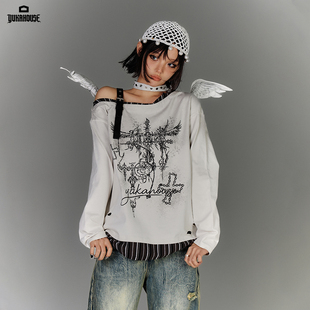 YUKAHOUSE 原创亚文化露肩长袖T恤朋克Y2K辣妹不规则上衣女春秋款