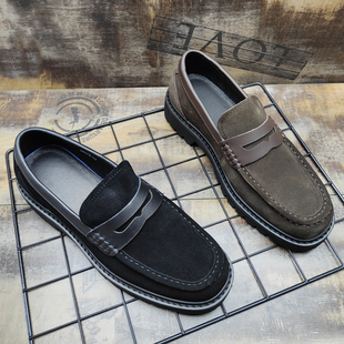 外贸真皮牛皮乐福鞋男2024秋款透气一脚蹬懒人鞋圆头耐磨厚度皮鞋