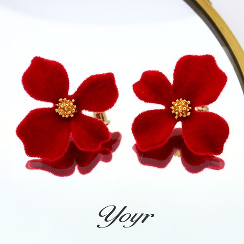 YOYR红色丝绒花耳钉七夕花朵耳环