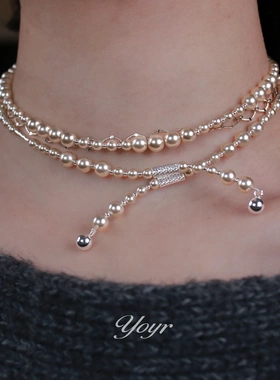 yoyr项链 轻奢香槟渐变Y字链可调节轻奢高级感珠珠链项链