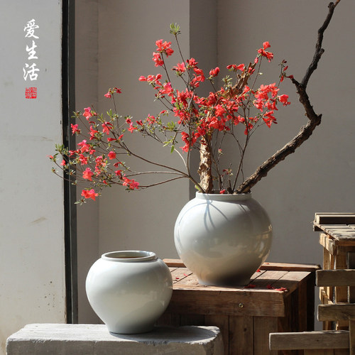 新款手工景德镇陶瓷花瓶摆件家居家装饰白色月亮罐插花盆水培种植