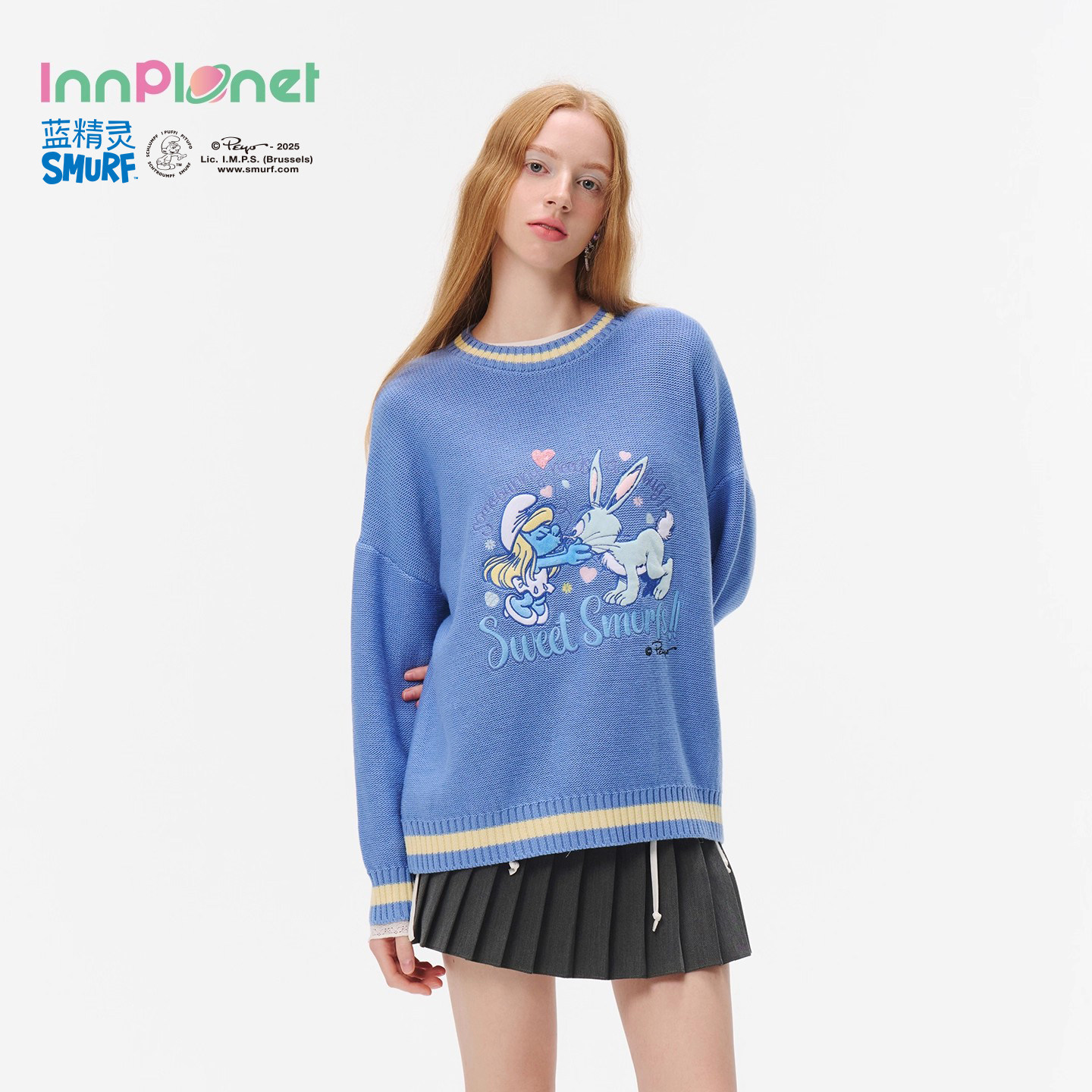 innplanet25秋冬新款蓝精灵系列百搭宽松刺绣针织衫PO31KN827A