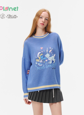 innplanet25秋冬新款蓝精灵系列百搭宽松刺绣针织衫PO31KN827A