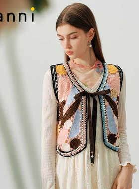 tanni复古时髦感重工钩花系带叠穿针织马甲TN31KN032A