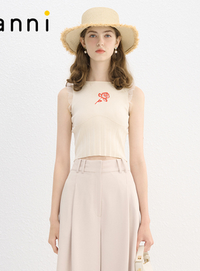 tanni新款早秋度假风百搭拼接镂空花朵刺绣针织背心女TN11AC001A