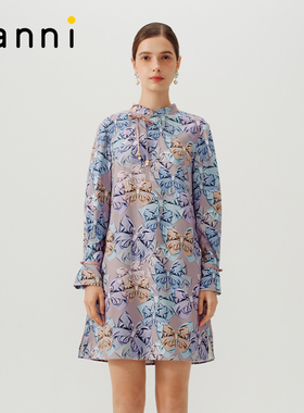 tanni新款珠光蝴蝶结印花新中式改良旗袍连衣裙TN31DR043A