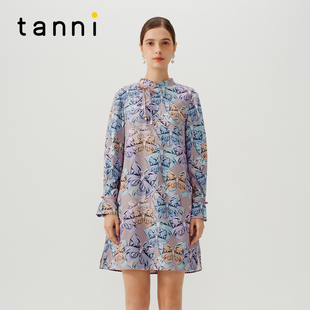 tanni新款 改良旗袍连衣裙TN31DR043A 珠光蝴蝶结印花新中式