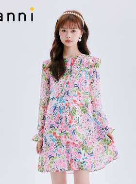tanni商场同款花卉印花圆领气质百搭淑女H版连衣裙TL11DR103A