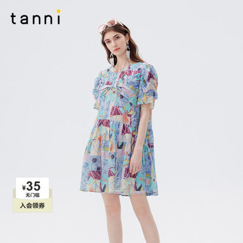 tanni泡泡袖A版花卉连衣裙