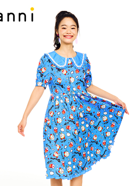 tanni新款少女卡通哆啦A梦娃娃领中长款连衣裙TL11DR820A