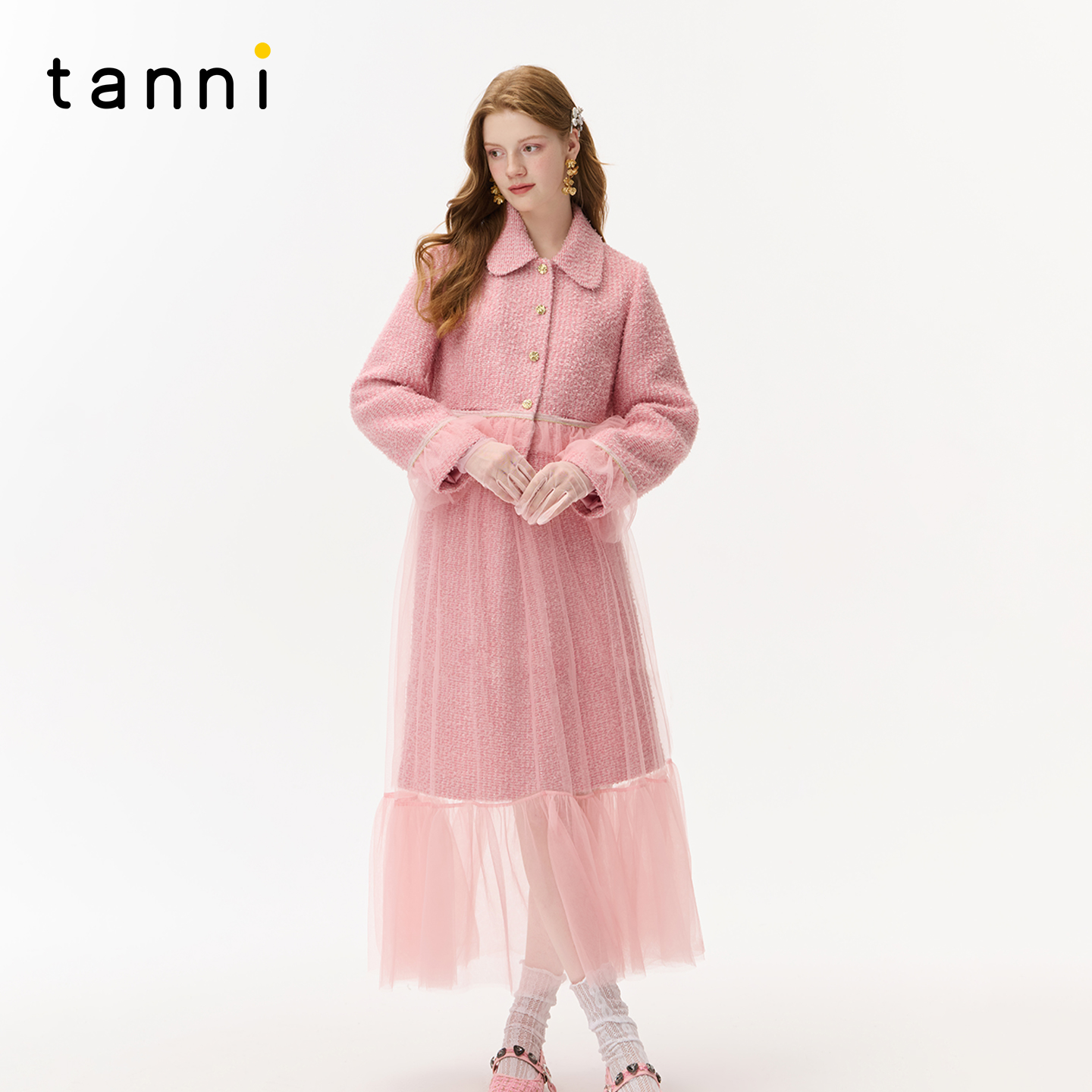 tanni25秋冬新款优雅气质网纱拼接小香风外套半裙套装TO31OW019A