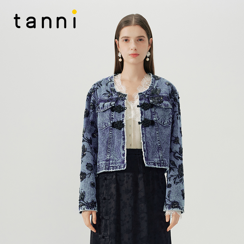tanni短款刺绣新中式牛仔外套