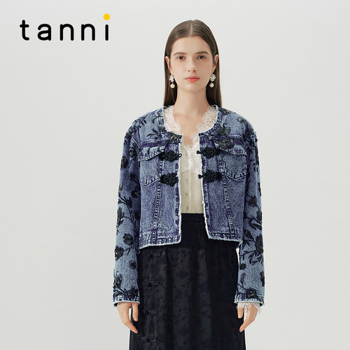 tanni短款刺绣新中式牛仔外套