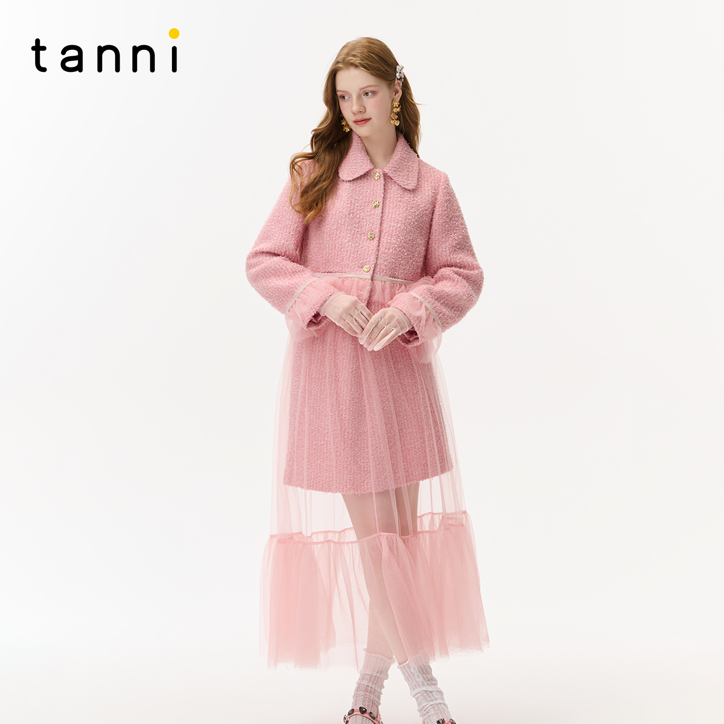 tanni25秋冬新款优雅气质网纱拼接小香风外套半裙套装TO31OW019A