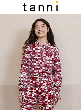 tanni新品复古优雅百搭显瘦木耳边小立领衬衫TL31SH033A