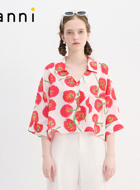 tanni新款休闲度假风落肩插肩袖设计感番茄女孩衬衫TN11SH029A
