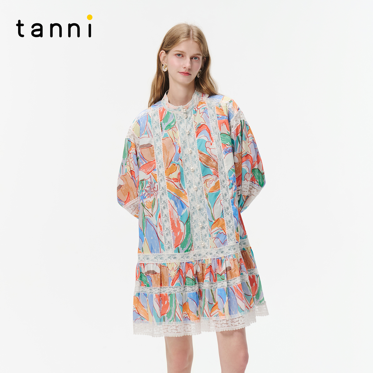 tanni25秋新款花漾郁金香印花蕾丝花边镂空中长连衣裙TO31DR019A