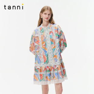 tanni25秋新款 花漾郁金香印花蕾丝花边镂空中长连衣裙TO31DR019A