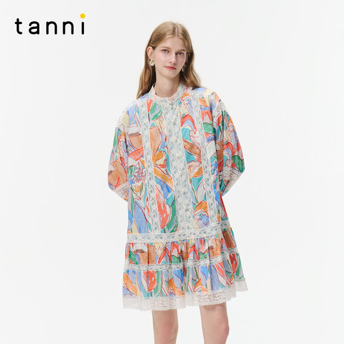 tanni早春新款花漾郁金香印花蕾丝花边镂空中长连衣裙TO31DR019A