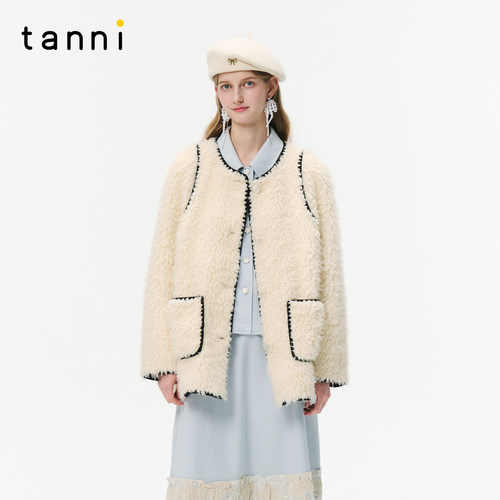 tanni25新款简约通勤H版宽松珍珠扣环保皮草外套TO31OW014A