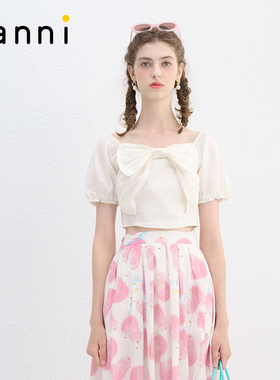 tanni性感温柔风大U领蝴蝶结泡泡袖百搭短款上衣TN11BL063A