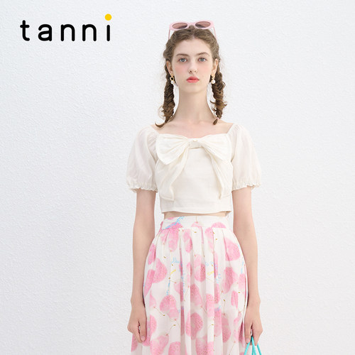 tanni蝴蝶结泡泡袖百搭短款上衣