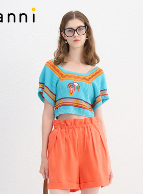 tanni甜美慵懒休闲多巴胺短款性感绣花针织上衣TN11KN808A