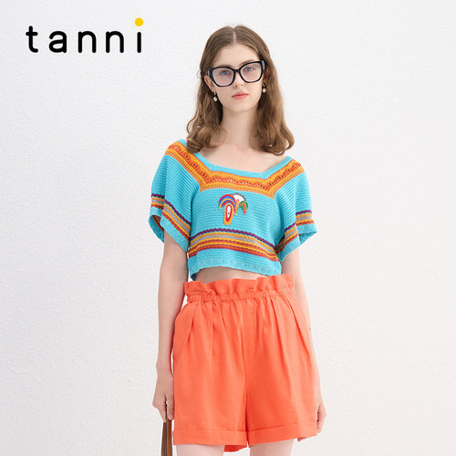 tanni甜美慵懒短款绣花针织上衣