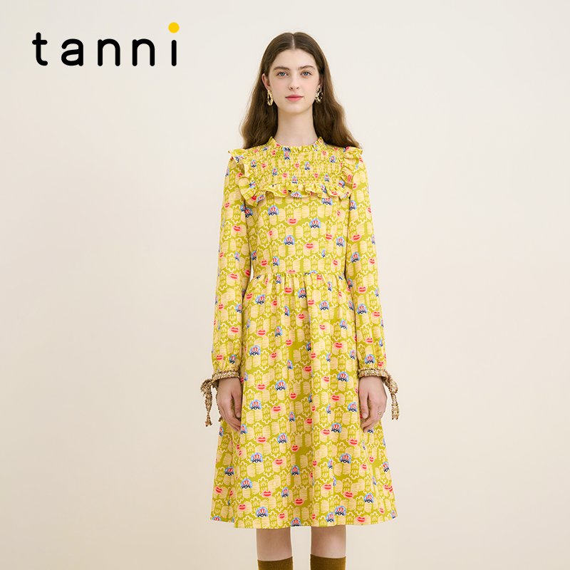 tanni通勤百搭立领X版收腰连衣裙