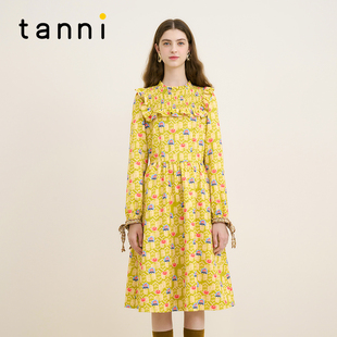tanni新款 收腰连衣裙TM31DR041B 通勤百搭日常复古立领X版