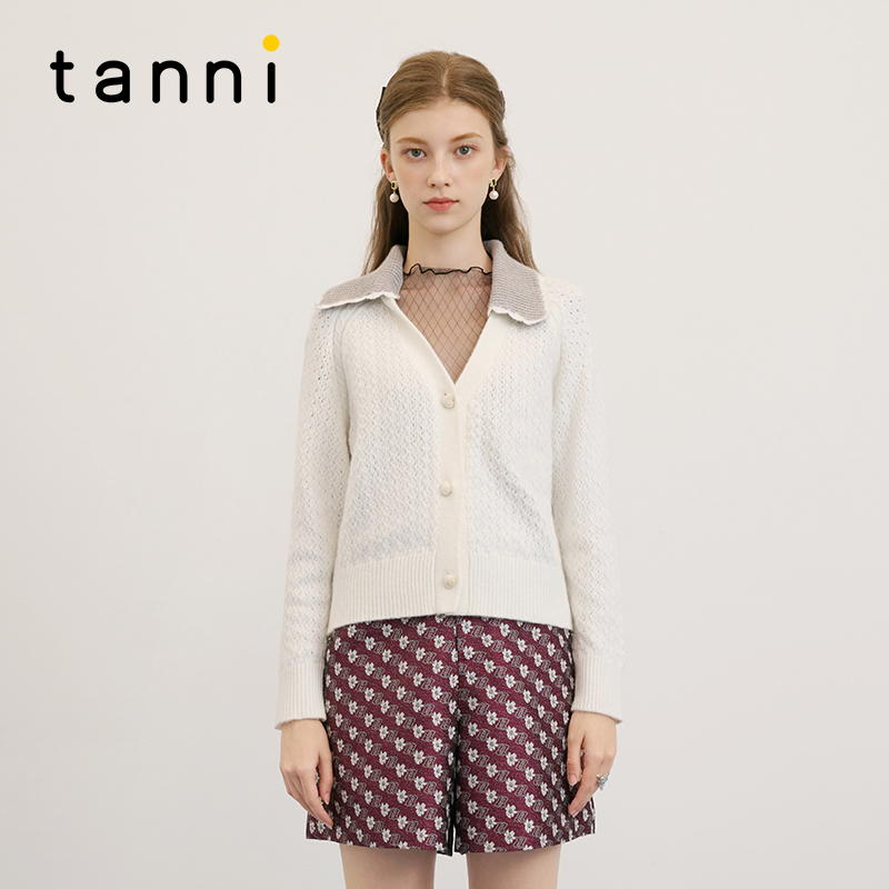 tanni气质撞色polo领短款针织衫