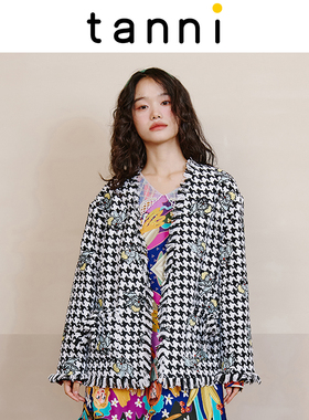 tanni秋冬新品轻奢优雅通勤流苏千鸟格宽松夹克TL31JK006A