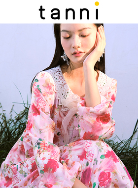 tanni商场同款X版碎花连衣裙真丝修身长袖连衣裙女TL11DR102A