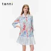 tanni25秋新款 优雅气质衬衫 领珍珠扣印花连衣裙TO31DR016A