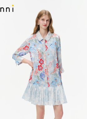 tanni25秋新款优雅气质衬衫领珍珠扣印花连衣裙TO31DR016A