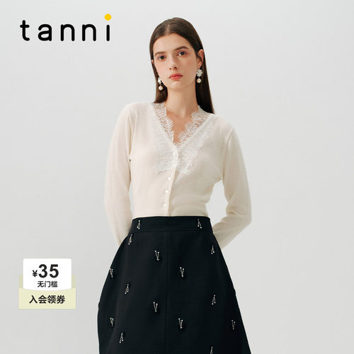 tanni优雅气质蕾丝拼接V领针织衫