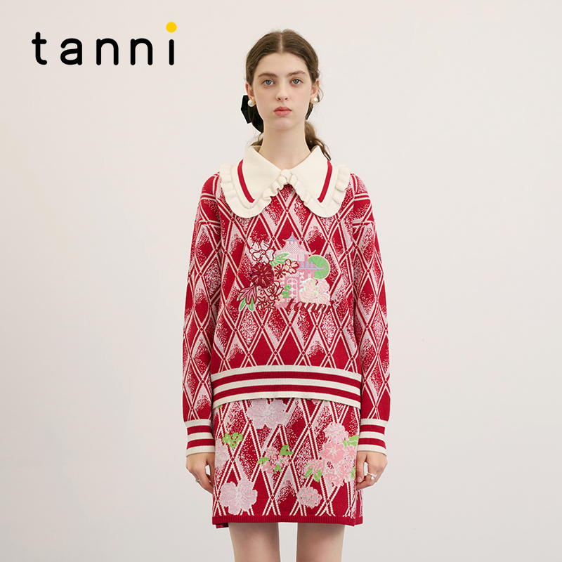 tanni节日荷叶边翻领套头针织衫