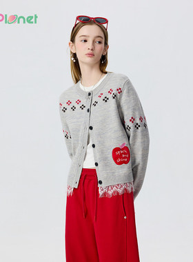 innplanet26春新款费尔岛风复古优雅细闪提花针织开衫PP11KN014A