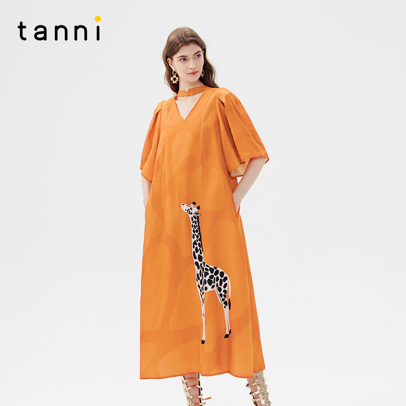 tanni辛芷蕾同款V领泡泡袖连衣裙