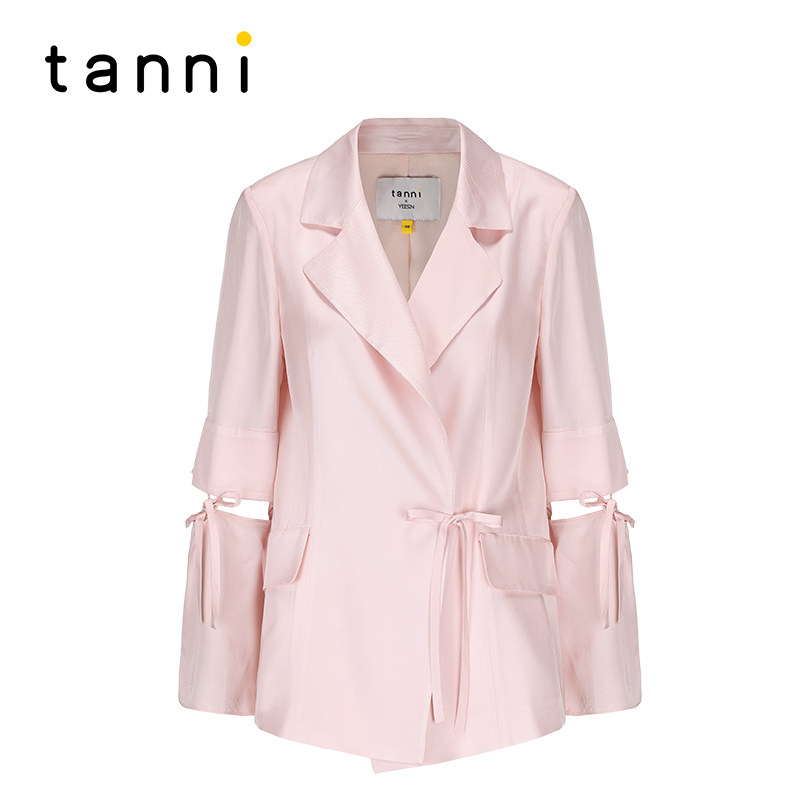 tanni春夏款甜美气质粉色可拆卸袖头西装垂顺长裤套装TN11BZ802A