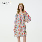 tanni25秋新款 度假桑蚕丝印花V领泡泡袖 宽松显瘦连衣裙TO11DR036A