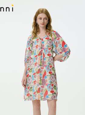 tanni25秋新款度假桑蚕丝印花V领泡泡袖宽松显瘦连衣裙TO11DR036A