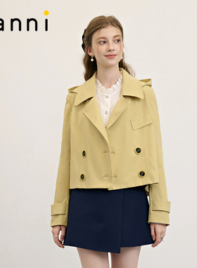 tanni新款翻领可拆卸连帽短款卡其色风衣TM31JK021A