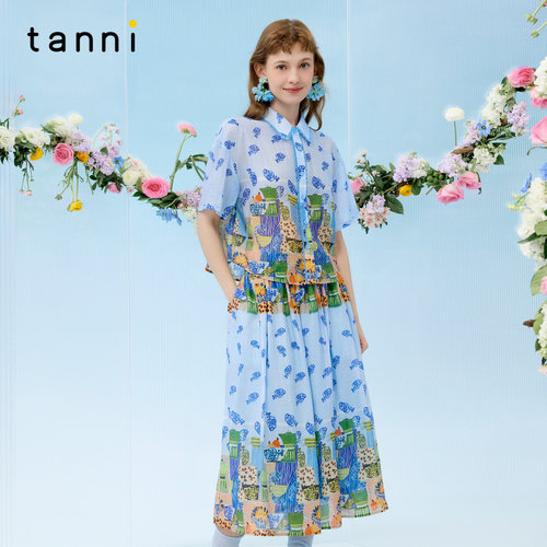 tanni2026夏新款油画田园风清新雅致轻薄短袖印花衬衫半裙两件套