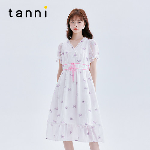 tanni甜美V领花苞袖长款连衣裙